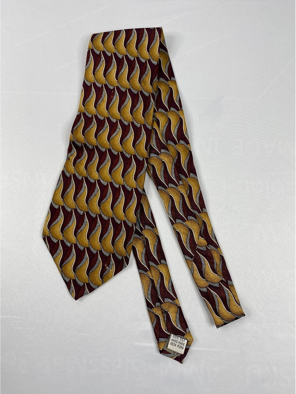 Daniel de Fasson Men's Silk Tie Burgundy Mustard Patterned Handmade Classic Neck
